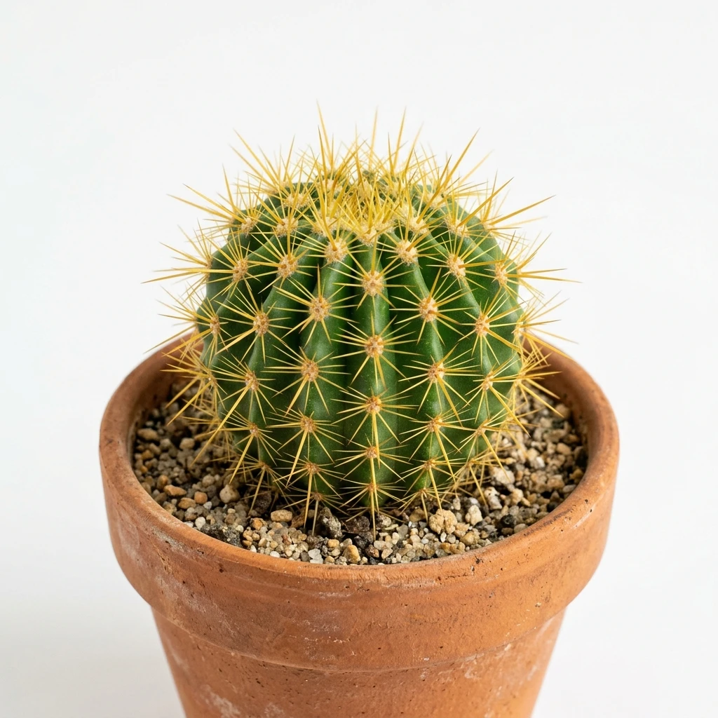 Round green cactus with yellow spines in terracotta pot