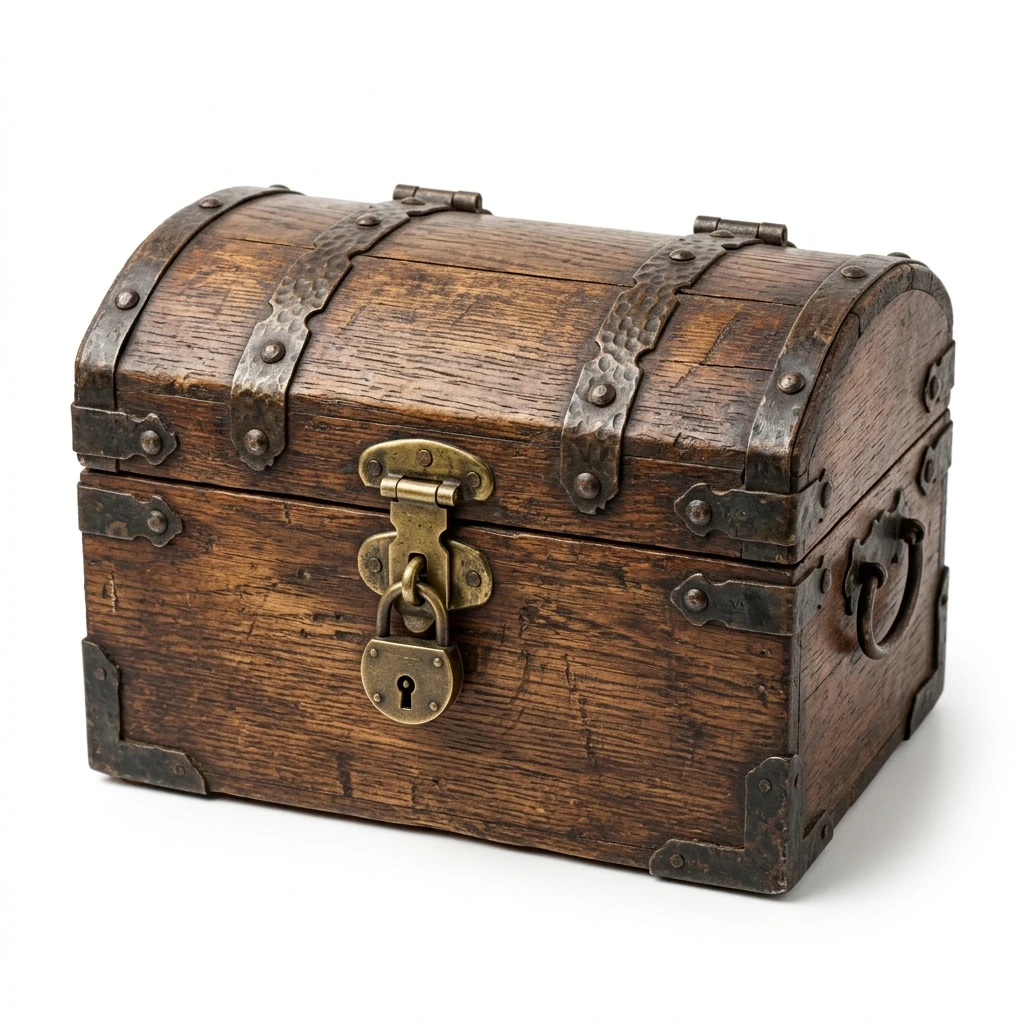 Antique wooden treasure chest with padlock on white background