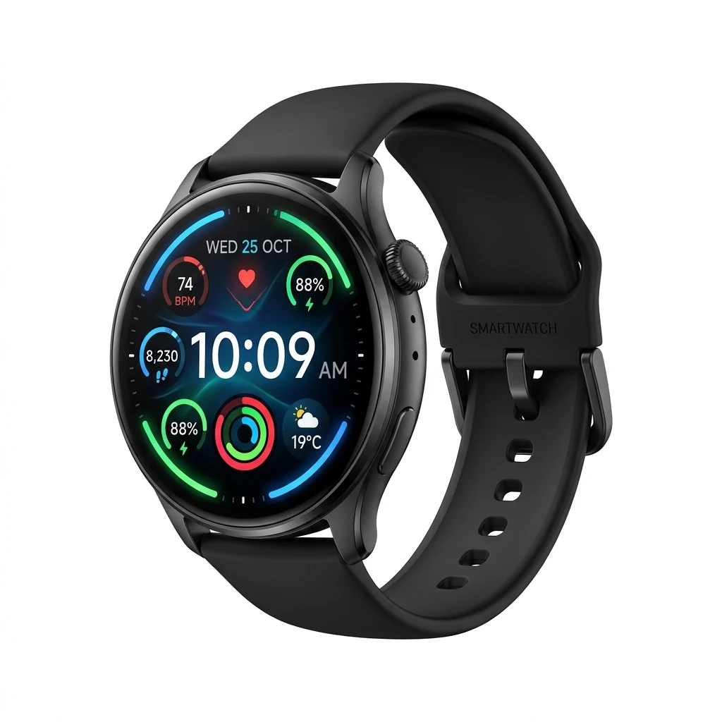 Modern black smartwatch with health tracking on white background