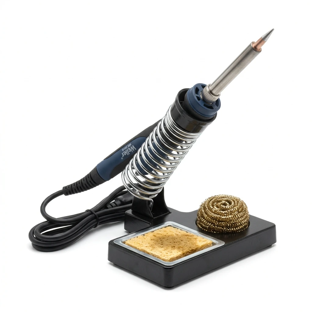 Soldering iron on safety stand with tip cleaning accessories