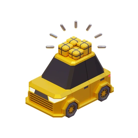3D isometric yellow car carrying gift boxes on white background