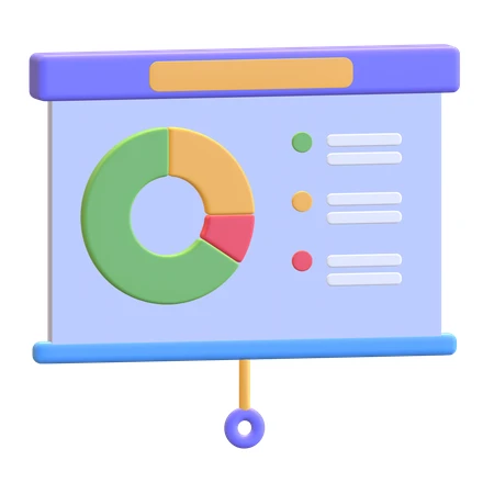 3D presentation screen with donut chart and data visualization