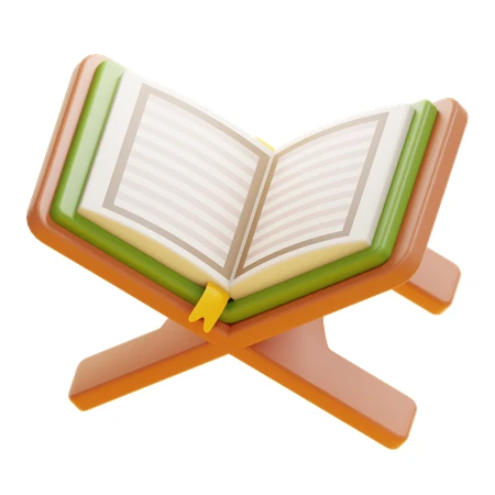 3D illustration of an open Quran on wooden book stand