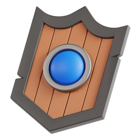 3D stylized wooden shield with blue gem isolated