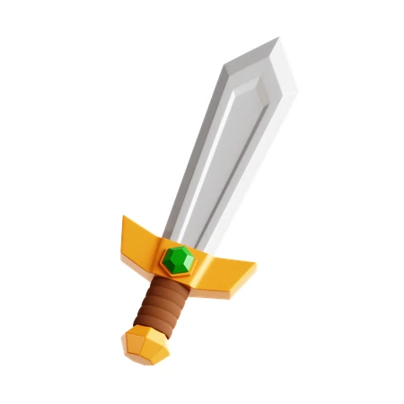 3D stylized cartoon sword with gold hilt and green gem