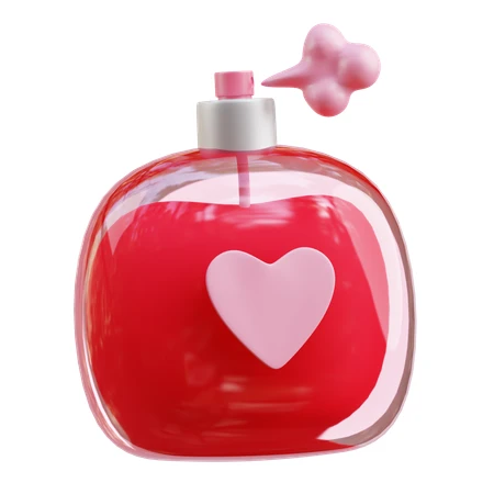 Red heart perfume bottle with pink spray isolated on white