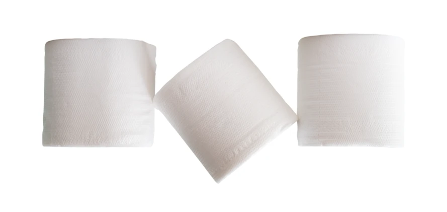 Three white toilet paper rolls isolated on white background