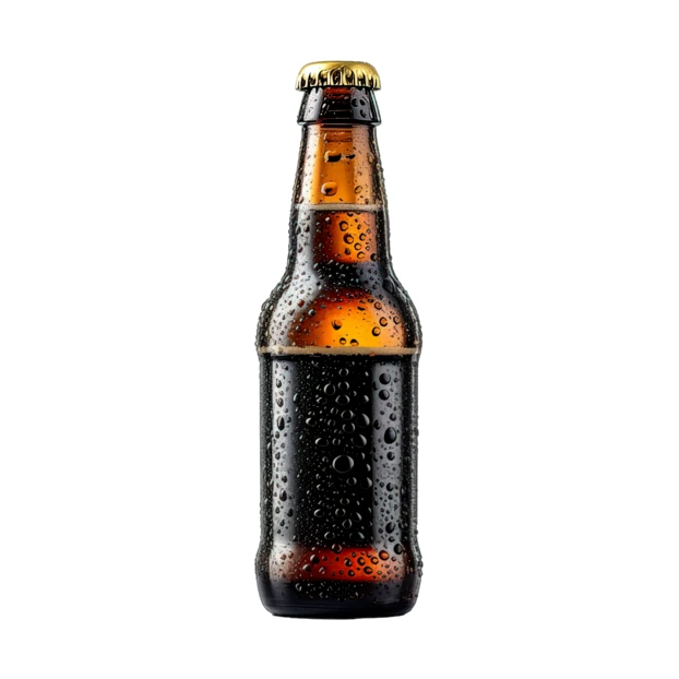 Cold brown beer bottle with condensation on white background