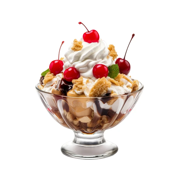 Ice cream sundae with whipped cream and cherries isolated