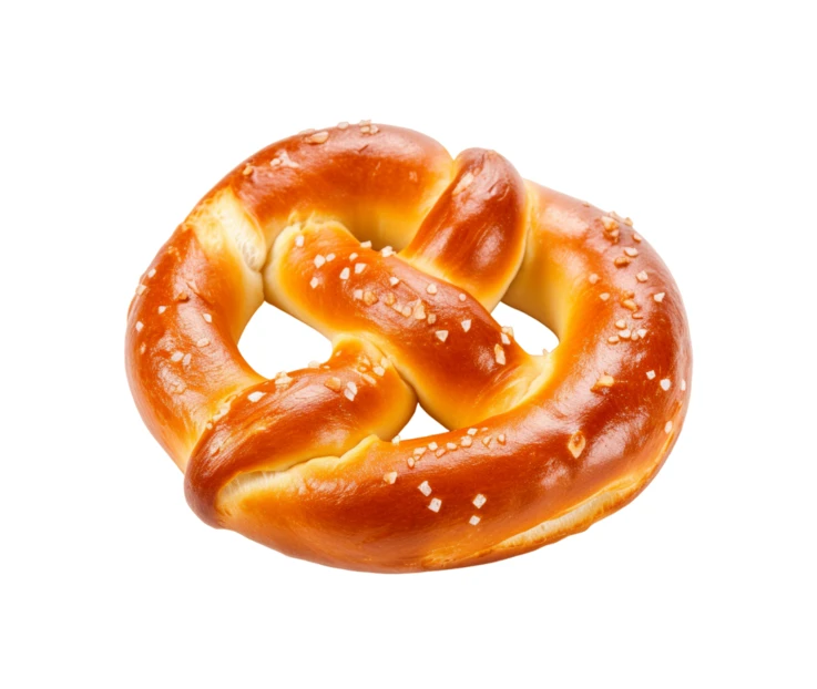 Freshly baked soft pretzel with salt on white background