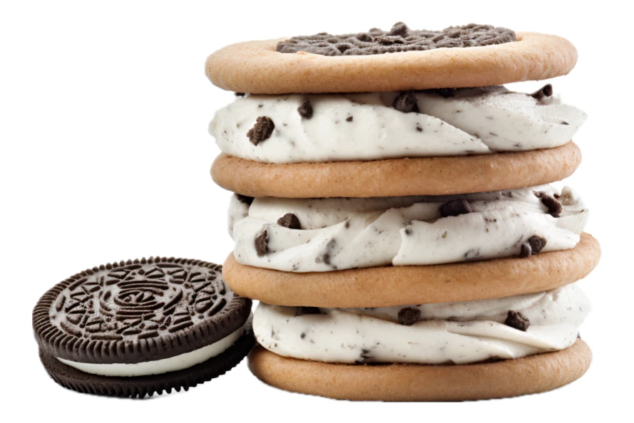 Stack of cookies and cream sandwich cookies on white background