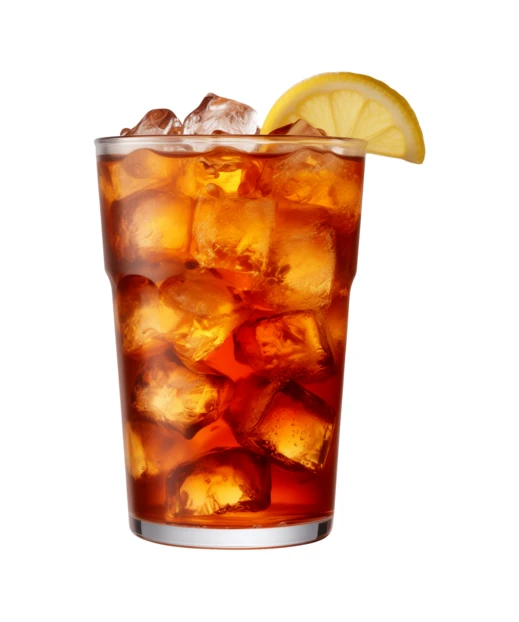 Glass of iced tea with ice cubes and lemon