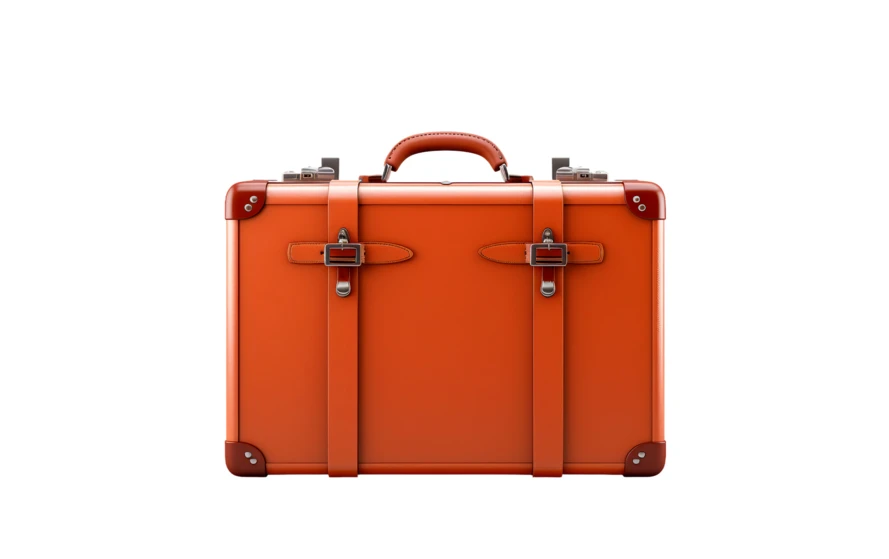 Vintage orange leather suitcase isolated on white background