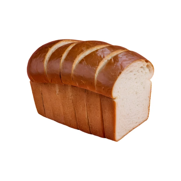 Freshly sliced loaf of white bread on white background