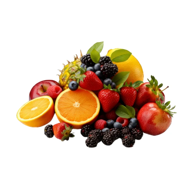 Assorted fresh fruits and berries isolated on white background