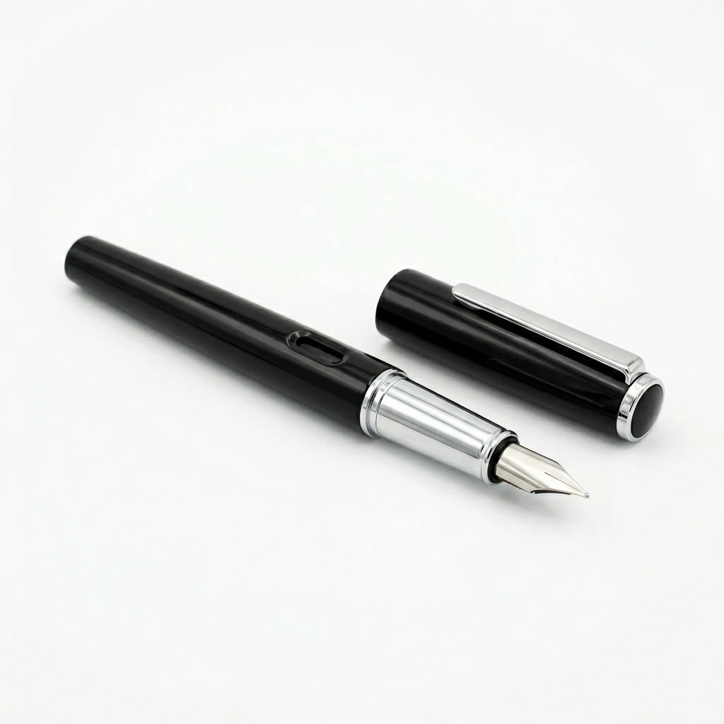 Elegant black fountain pen with cap on white background