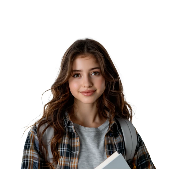 Smiling teenage student with backpack and book on white background