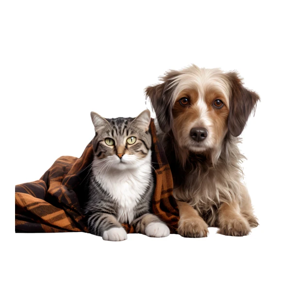 Tabby cat in blanket sitting next to fluffy dog