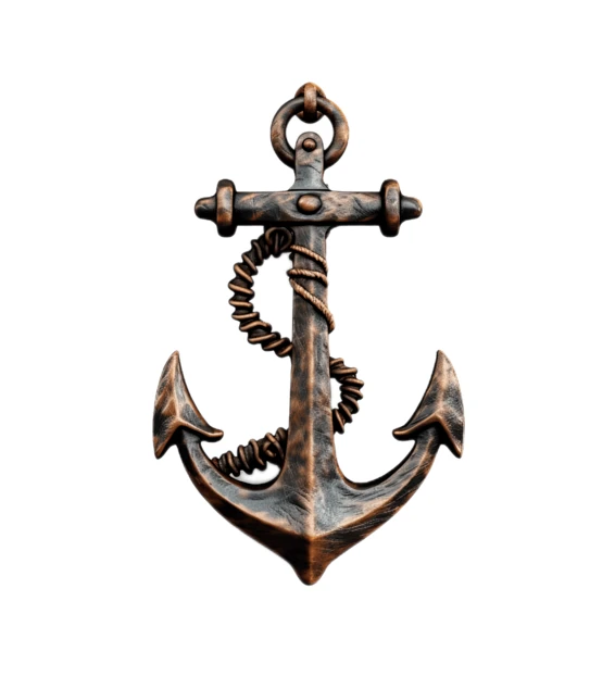 Bronze metal anchor with rope isolated on white background