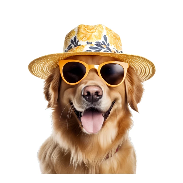 Golden retriever dog wearing sunglasses and floral sun hat