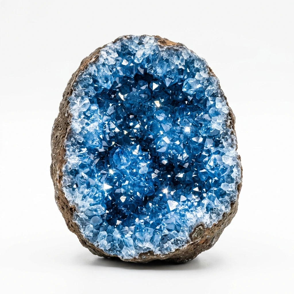 Natural blue geode crystal specimen isolated on white background