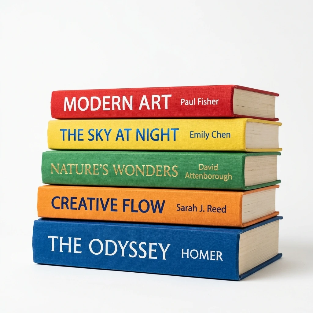 Stack of five colorful hardcover books on white background