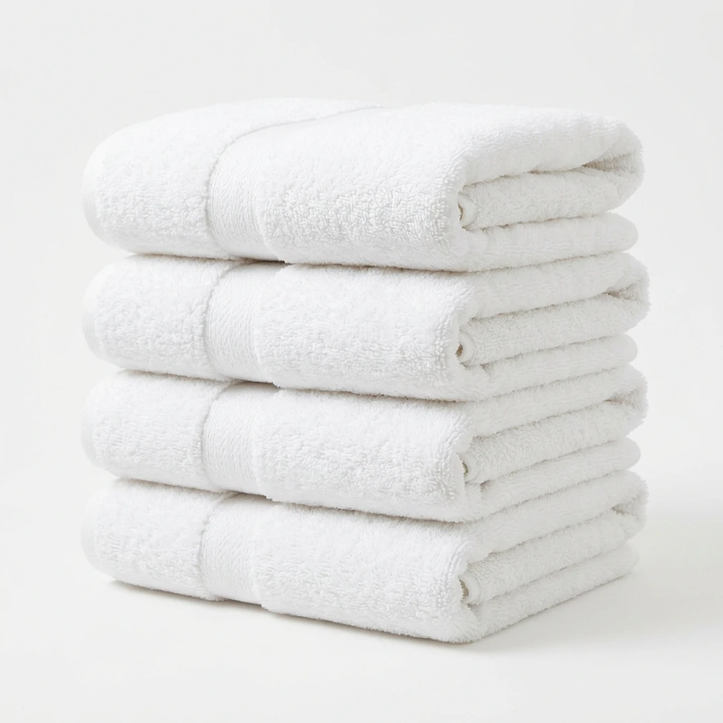 Stack of four folded soft white cotton bath towels