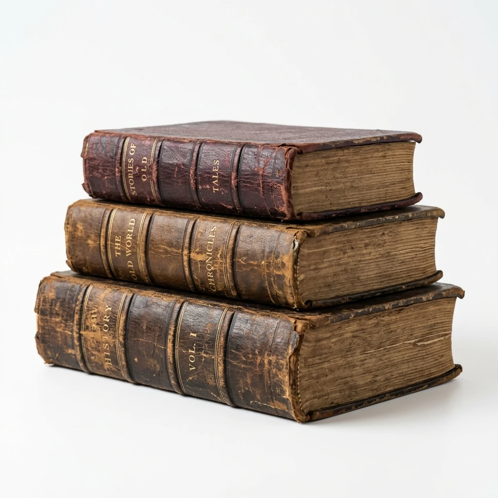 Stack of three antique leather-bound books on white background