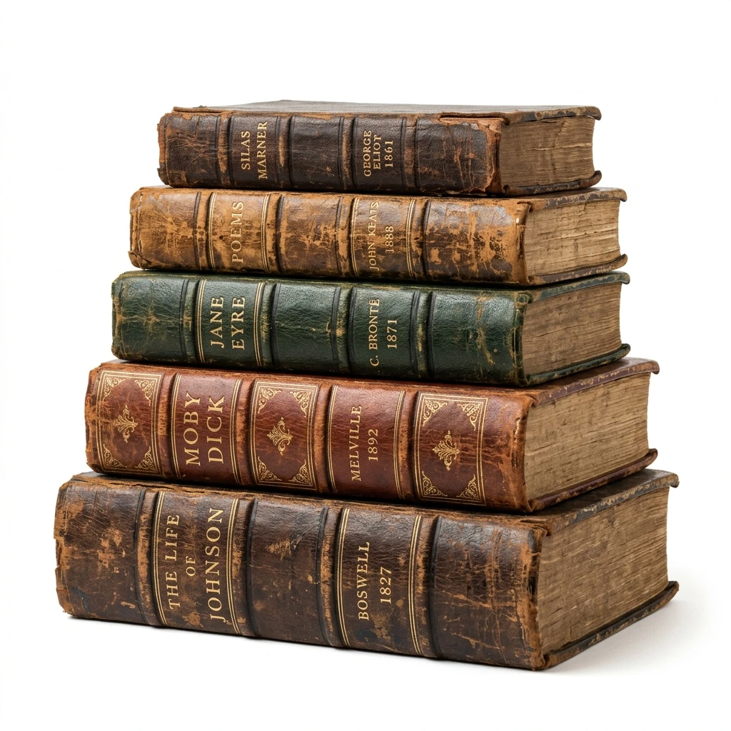 Stack of five antique leather-bound classic literature books