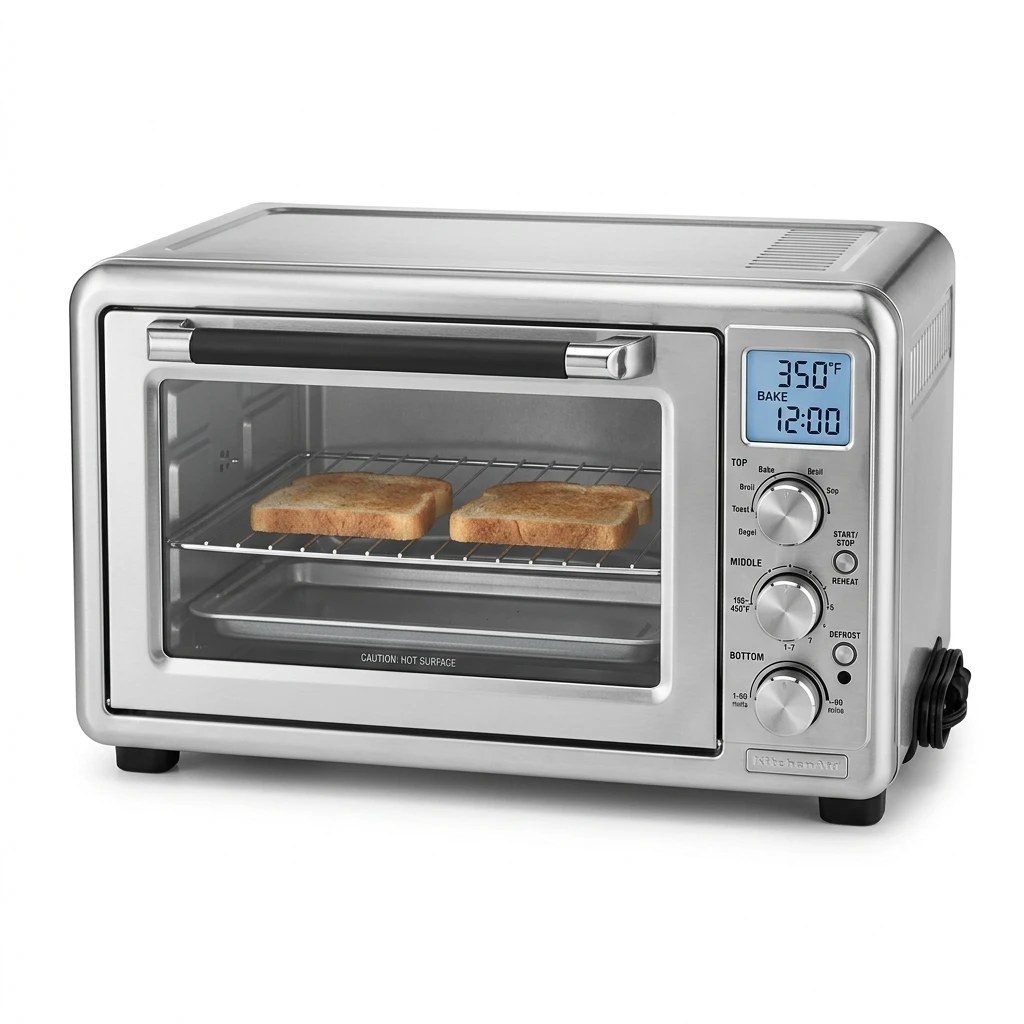 Modern stainless steel toaster oven with toasted bread inside