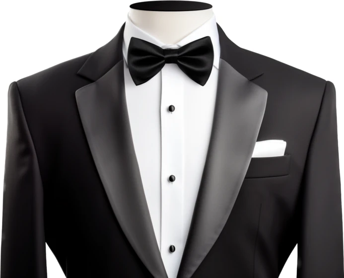 Classic black tuxedo with bow tie and white pocket square