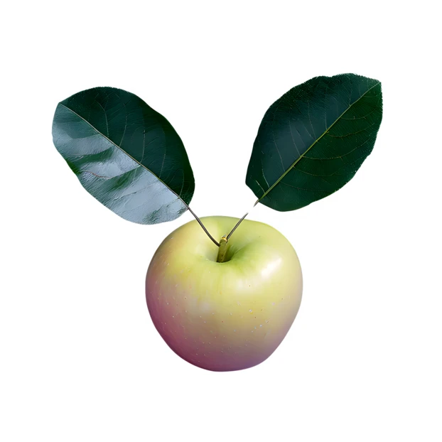 Fresh green apple with leaves isolated on white background
