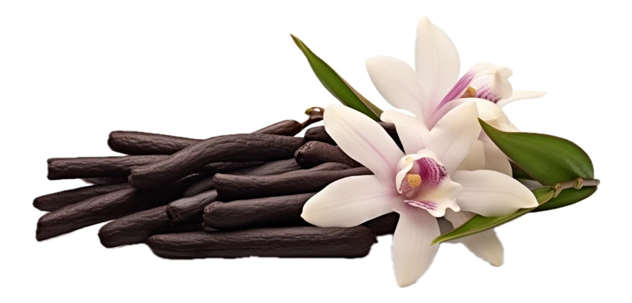 Vanilla beans with fresh orchid flowers isolated on white