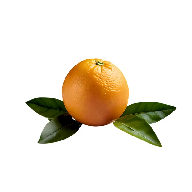Whole fresh orange with green leaves on white background