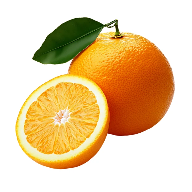 Fresh whole orange with green leaf and sliced half