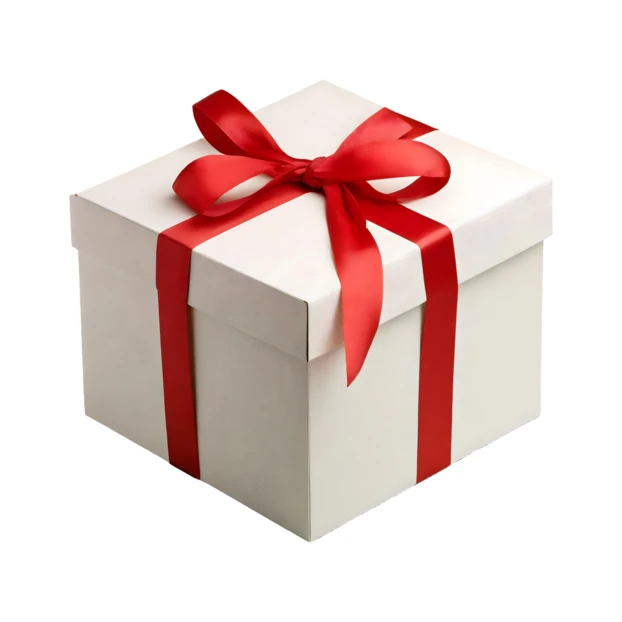 White gift box with a red ribbon and bow