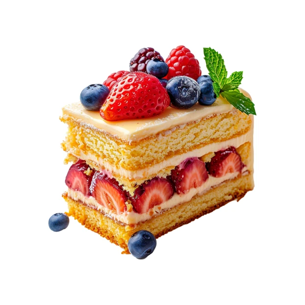 Slice of strawberry layer cake topped with fresh summer berries