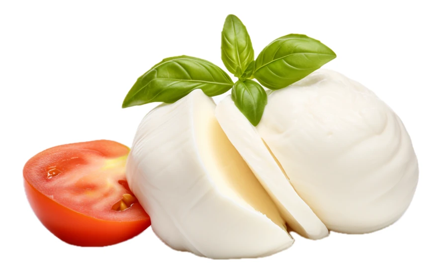 Fresh mozzarella cheese with basil and tomato isolated on white