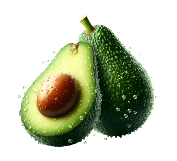 Fresh whole and half avocado with water droplets on white