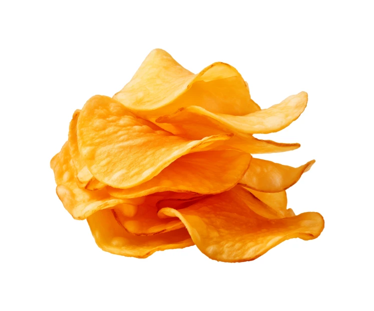Stack of crispy golden potato chips isolated on white