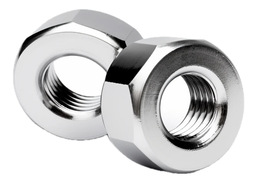 Two polished metal hex nuts isolated on white background