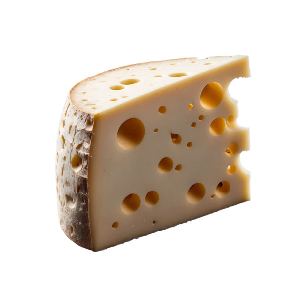 Wedge of Swiss cheese with holes isolated on white