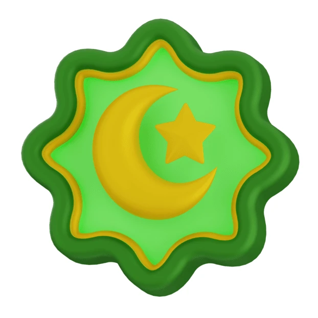 3D Islamic crescent and star emblem in green and yellow