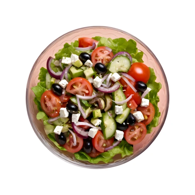 Top view of fresh Greek salad isolated on white background