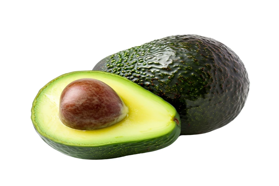 Fresh avocado whole and halved isolated on white background