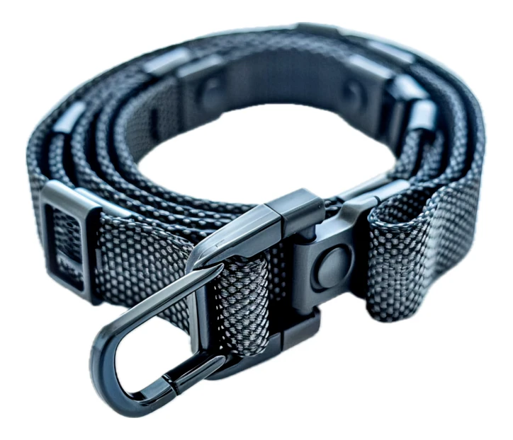 Black braided utility strap with buckle and carabiner clip