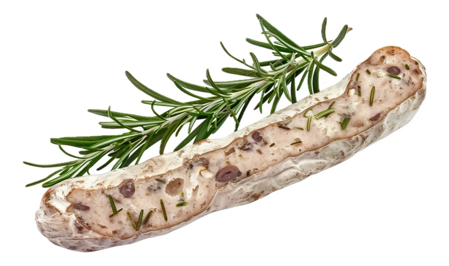 Rustic herb-infused dry sausage with fresh rosemary sprig