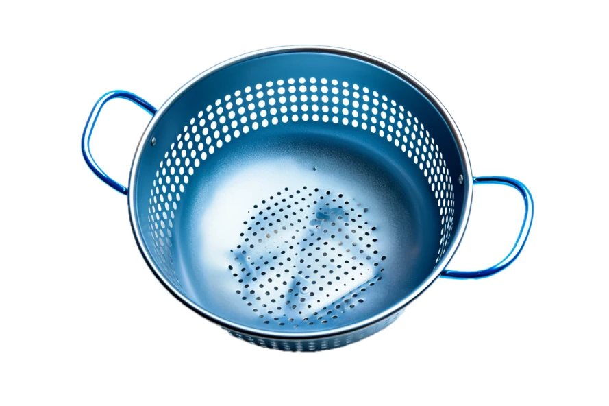 Blue metal colander with handles isolated on white background