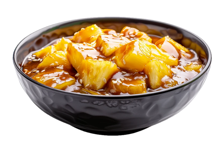 Sweet and sour pineapple chicken with sesame seeds in bowl