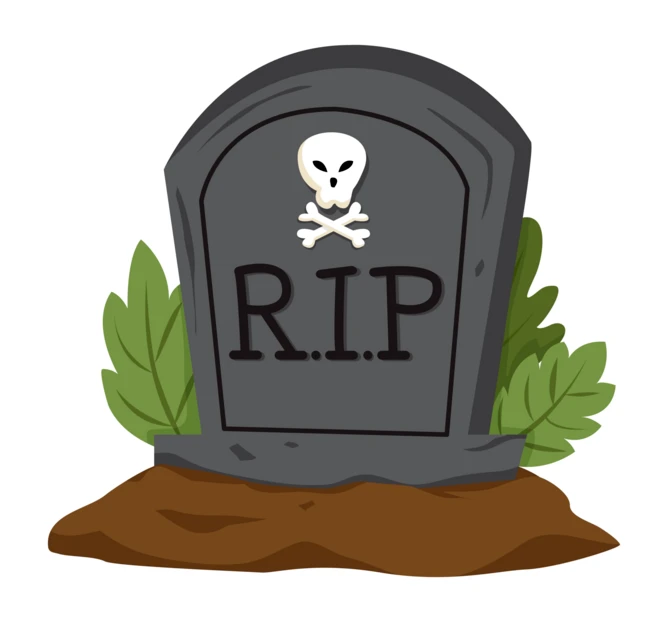 Cartoon gravestone with RIP text and skull icon isolated